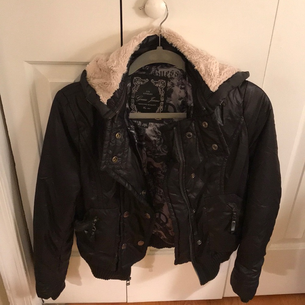 Guess light puff jacket with faux fur hood